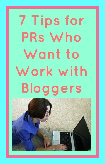 7 Tips for PRs Who Want to Work with Bloggers in pink text on a turquoise background above a woman laid on the floor typing on a laptop