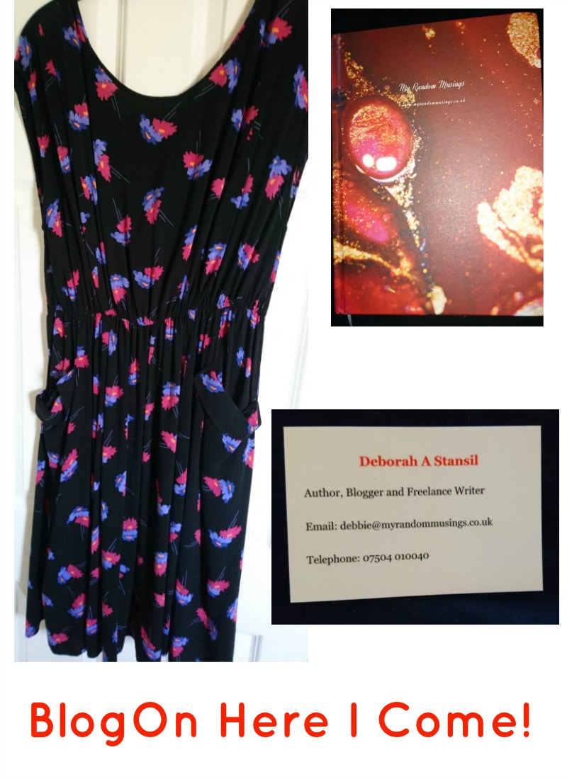 Black dress with little blue and pink flowers, red notebook, my business card above "BlogOn Here I Come" in red text