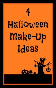 4 Halloween Make-Up Ideas in black text on an orange background with spooky black effects