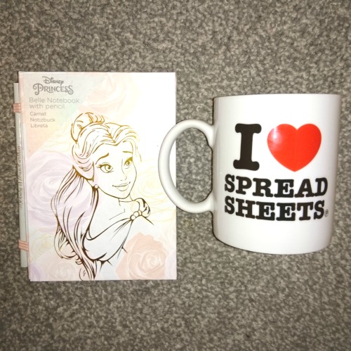 #Giveaway prize featuring an "I heart spreadsheets" mug and a notepad and pencil featuring Disney Princess Belle