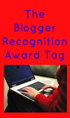 The Blogger Recognition Award Tag in blue text on a red background with a person typing on a laptop