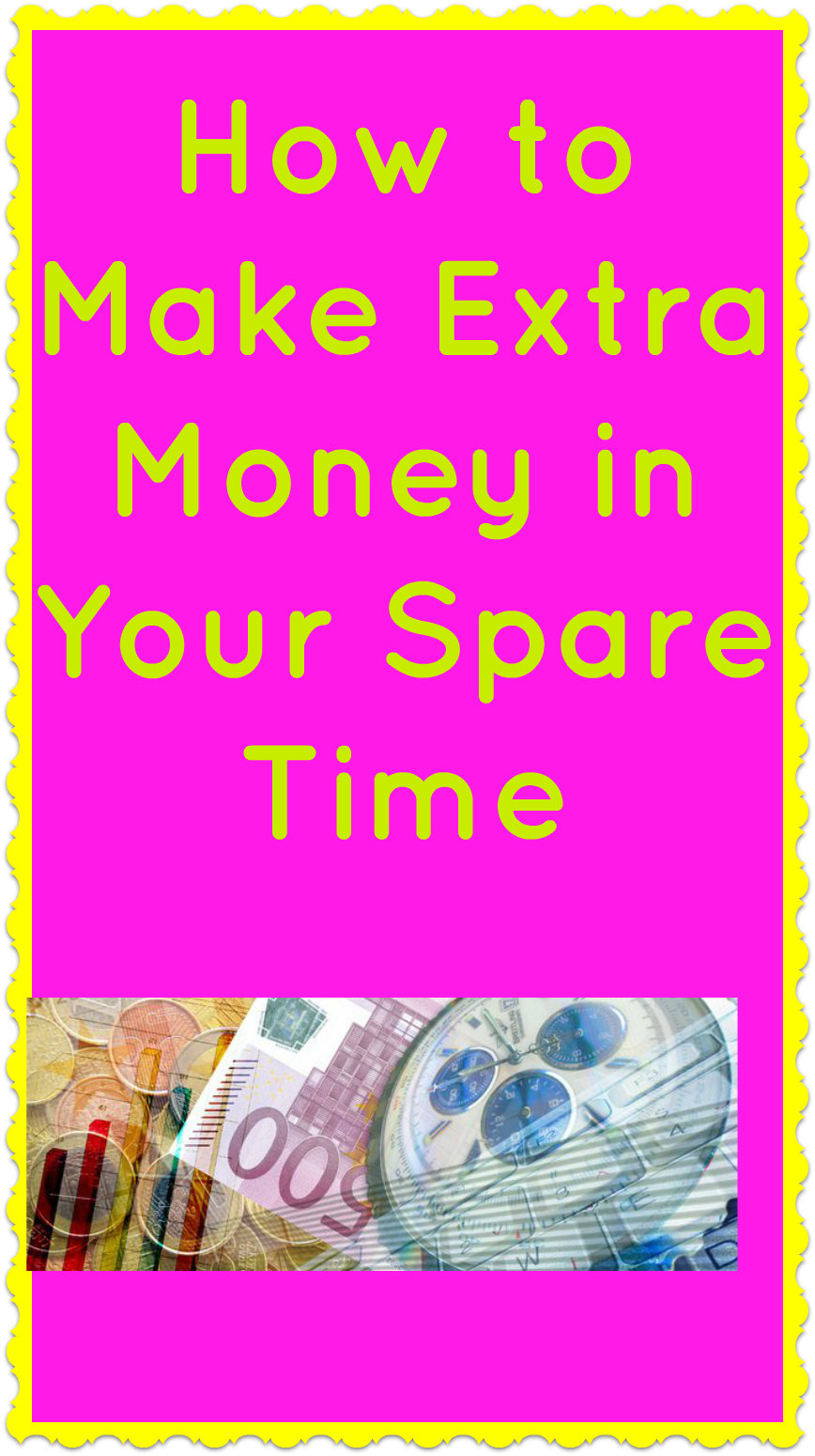 How to Make Extra Money in Your Spare Time in yellow text on a pink background with an image of money and a clock underneath it