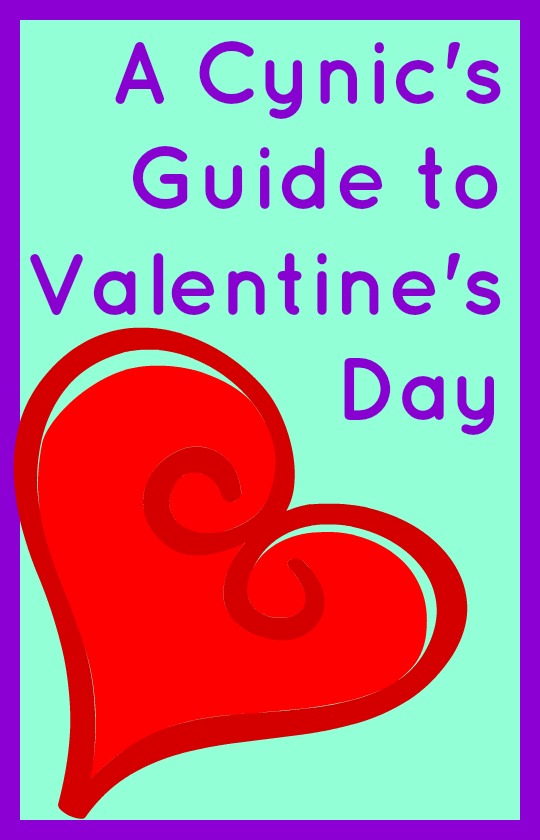 A Cynic's Guide to Valentine's Day in purple text on turquoise background with a red swirly heart