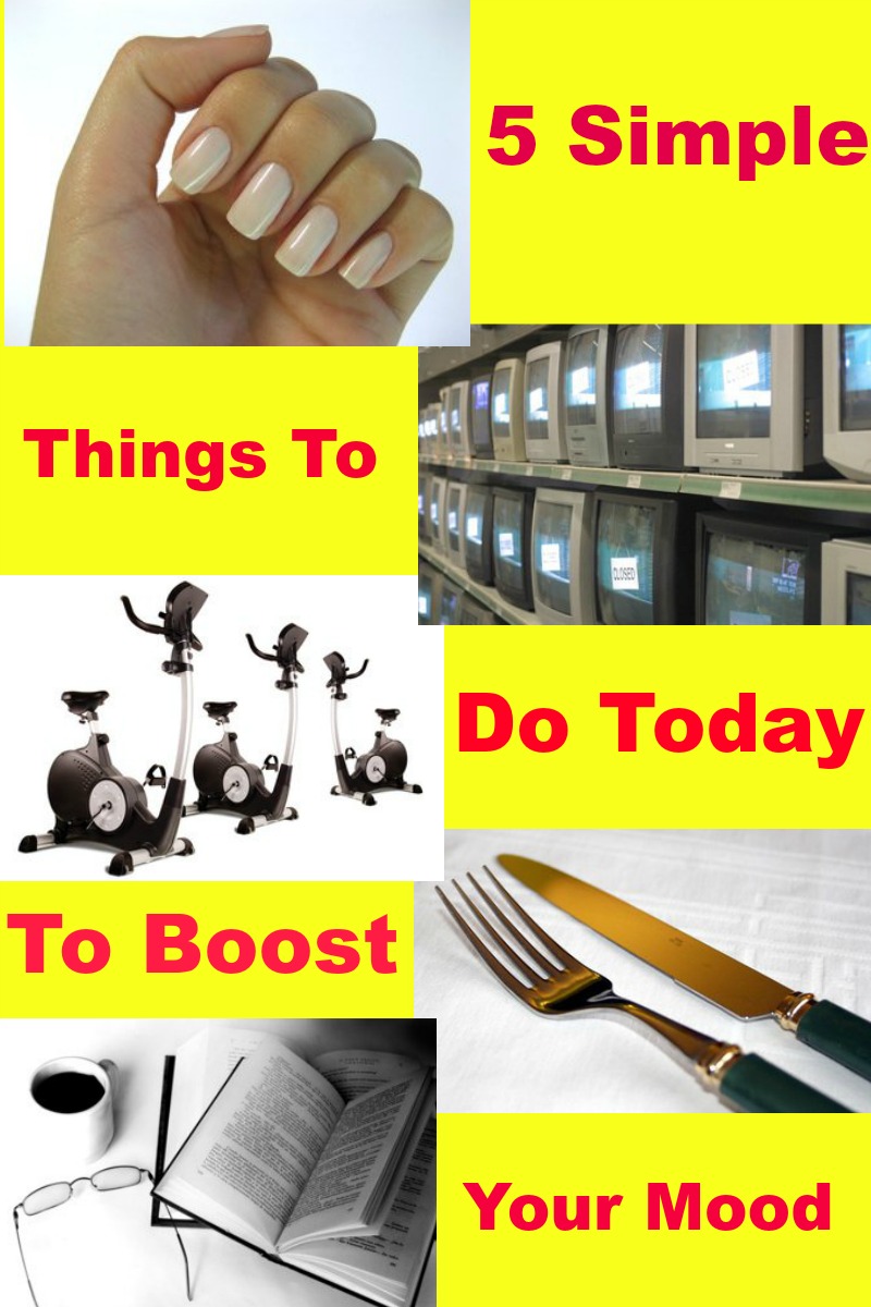 5 Simple Things To Do Today To Boost Your Mood in pink text on a yellow back groudn with images of the five things