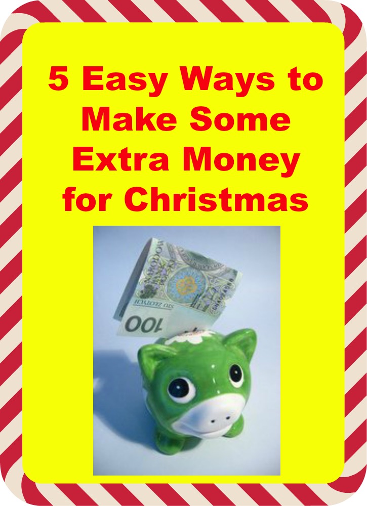 5 Easy Ways to Make Some Extra Money for Christmas in red text on a yellow background above a picture of a green piggy bank with a 100 euro note poking out. The image is bordered with a candycane border