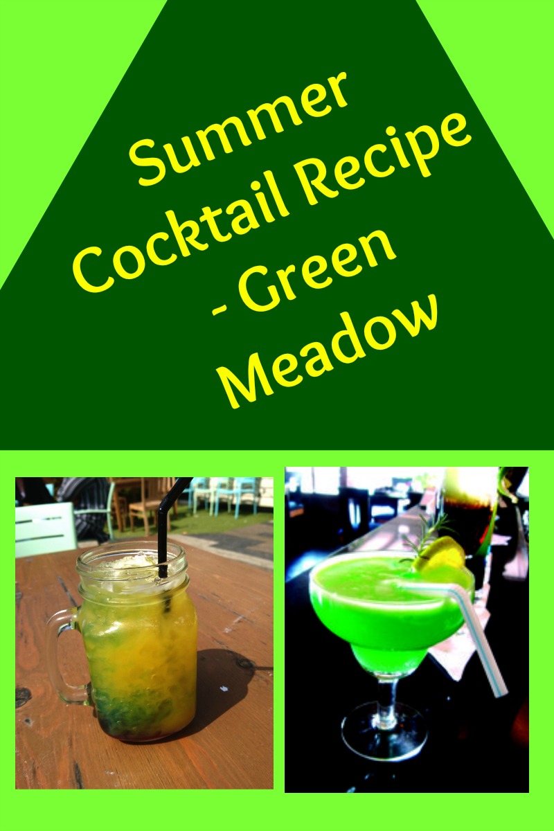 Summer Cocktail recipe - Green Meadow in yellow text on a dark green plaque on a lighter green background with images of two green coloured cocktails