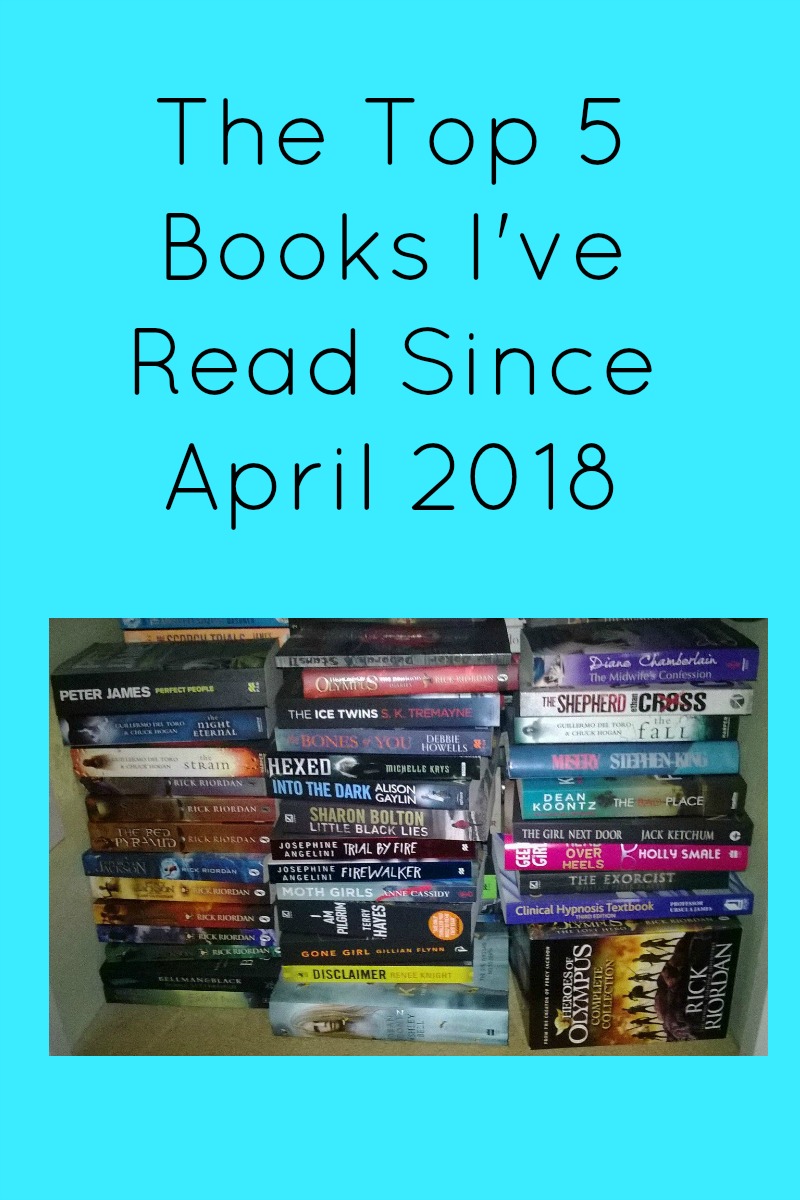The Top 5 Books I've Read Since April 2018 in black text on a blue background with a picture of piles of books beneath it