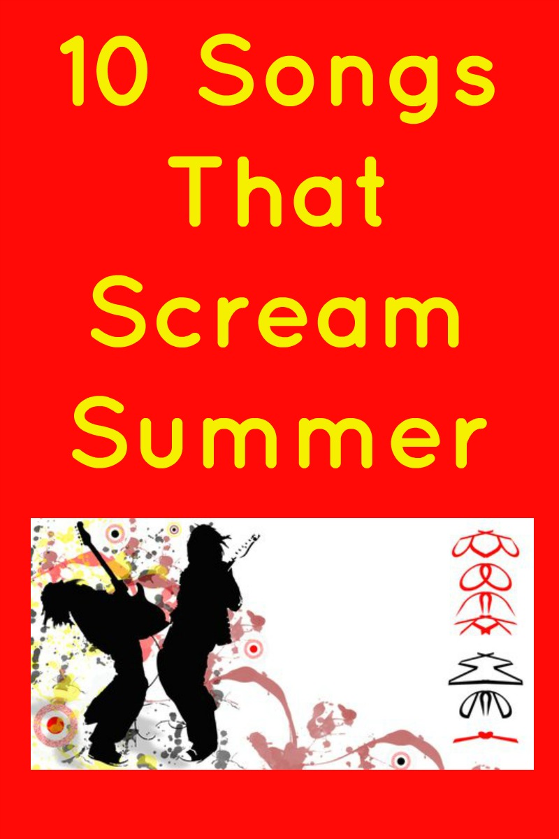 10 Songs that scream summer in yellow text on a red background with a picture of silhouettes playing the air guitar and a floral border