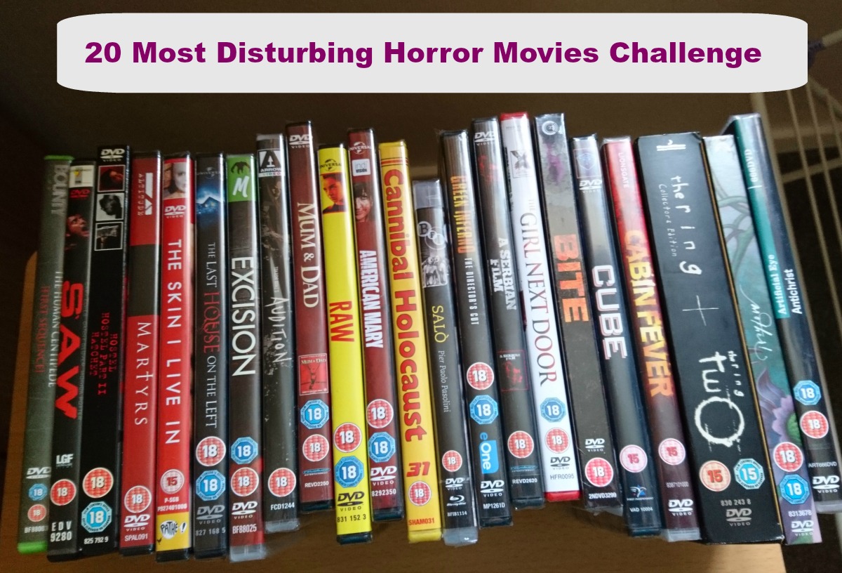 20 Most Disturbing Horror Movies Challenge in purple text above the movies (all detailed below)