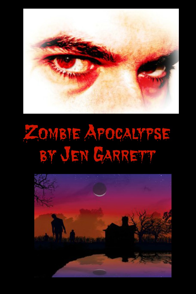 Zombie Apocalypse by Jen Garrett with a pic of red zombie eyes and a graveyard scene
