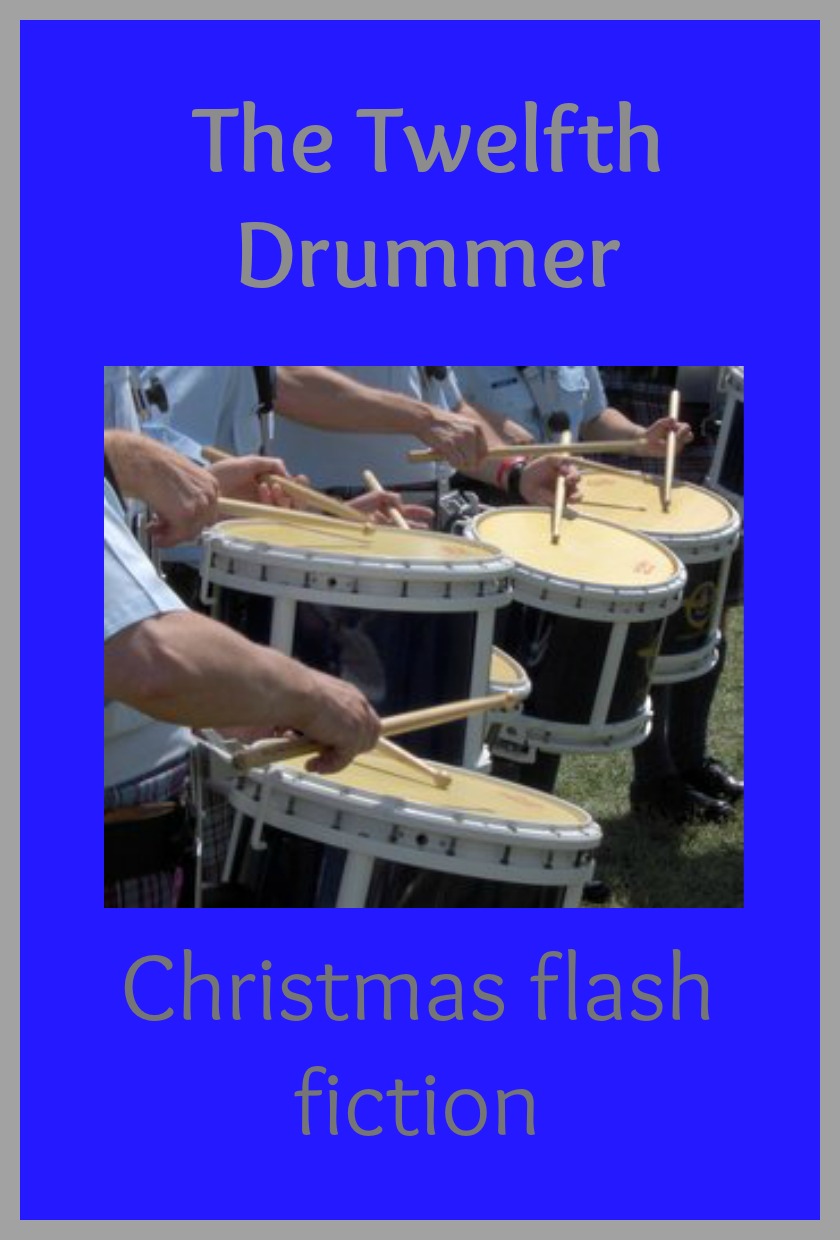 The Twelfth Drummer: Christmas Flash Fiction in silver text on a blue background with a picture of several marching band style drums