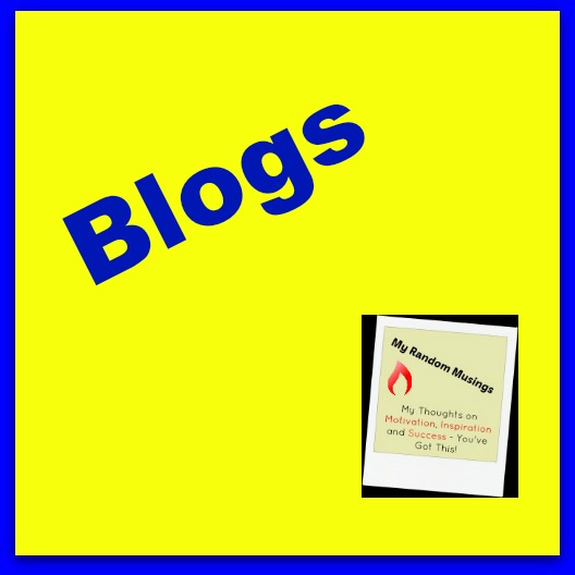 Blogs in blue text on a yellow background with my blog logo