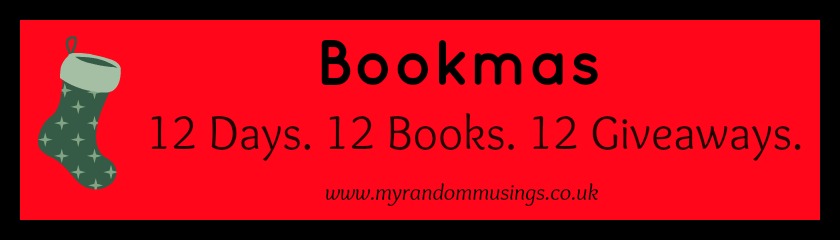 Bookmas 12 days 12 books 12 giveaways in black text on a red background with a black border, featuring a green Christmas stocking beside the text