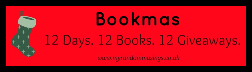 Bookmas 12 days 12 books 12 giveaways in black text on a red background with a black border, featuring a green Christmas stocking beside the text