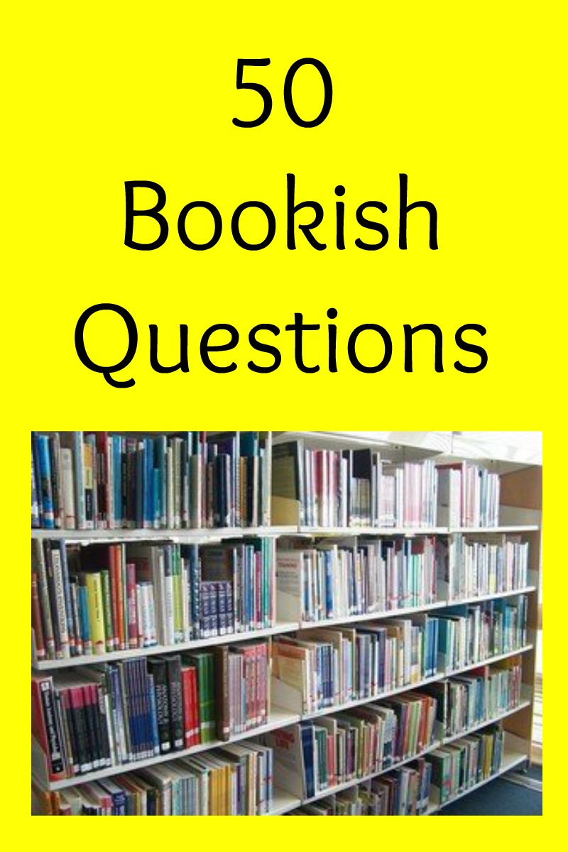 50 Bookish questions in black text on a bright yellow background with a picture of library style bookshelves