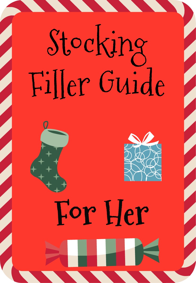 Stocking Filler Guide For Her in black text on a red background with a candy cane border. Image of a gift wrapped in blue paper with a white bow, a green stocking and a mutliple colour striped Christmas cracker