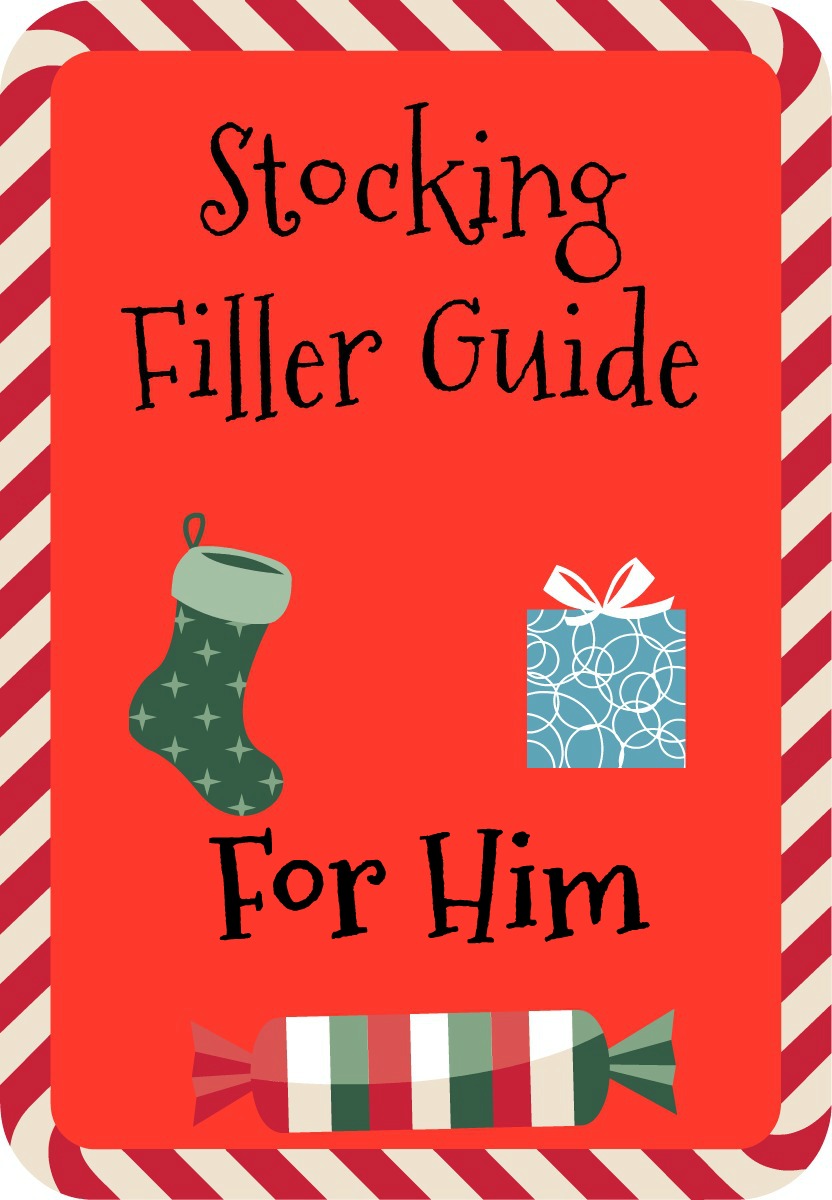 Stocking Filler Guide - For Him in black text on a red background with a candy cane border. Includes a green stocking, a parcel wrapped in blue paper with a white bow and multi coloured, striped Christmas cracker