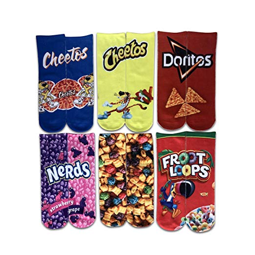 Novelty socks which come together to form a whole picture and logo for examples, Doritos