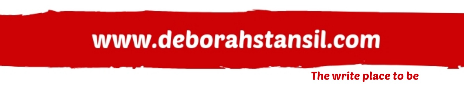 Header for deborahstansil.com - a red wavy rectangle with the site name (debroahstansil.com) in white text on a white background with the tagline (The write place to be) in red font