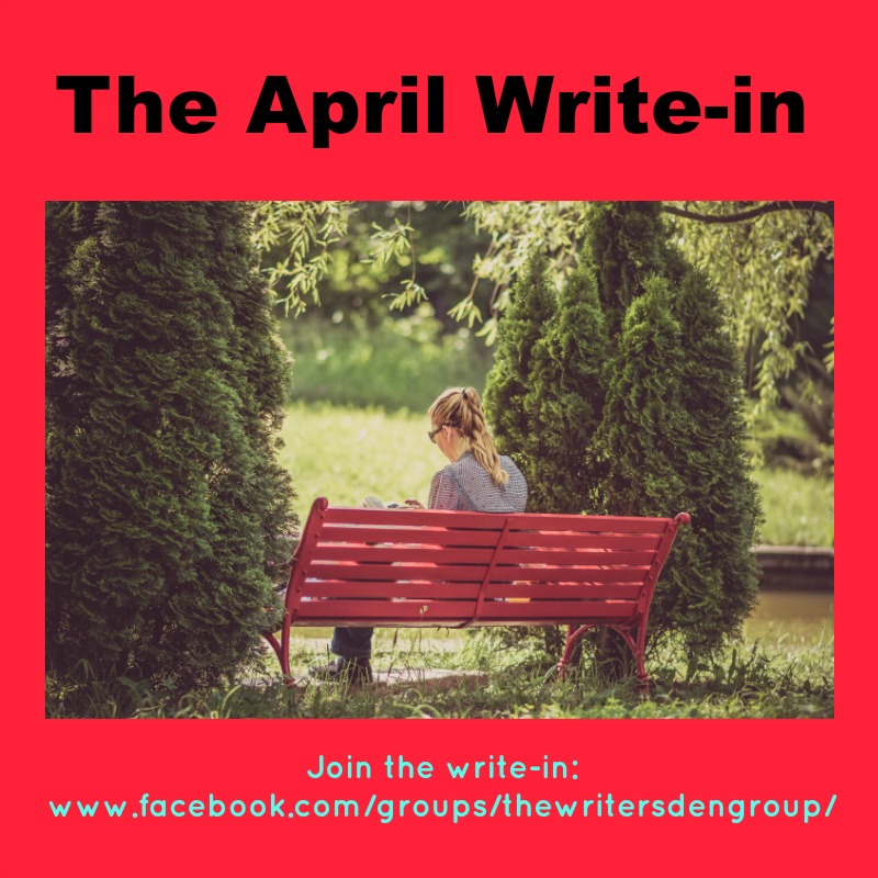 april write-in in black text on a pik background with a photo of a long haired girl sitting on a park bench facing away from the camera with large trees either side of her