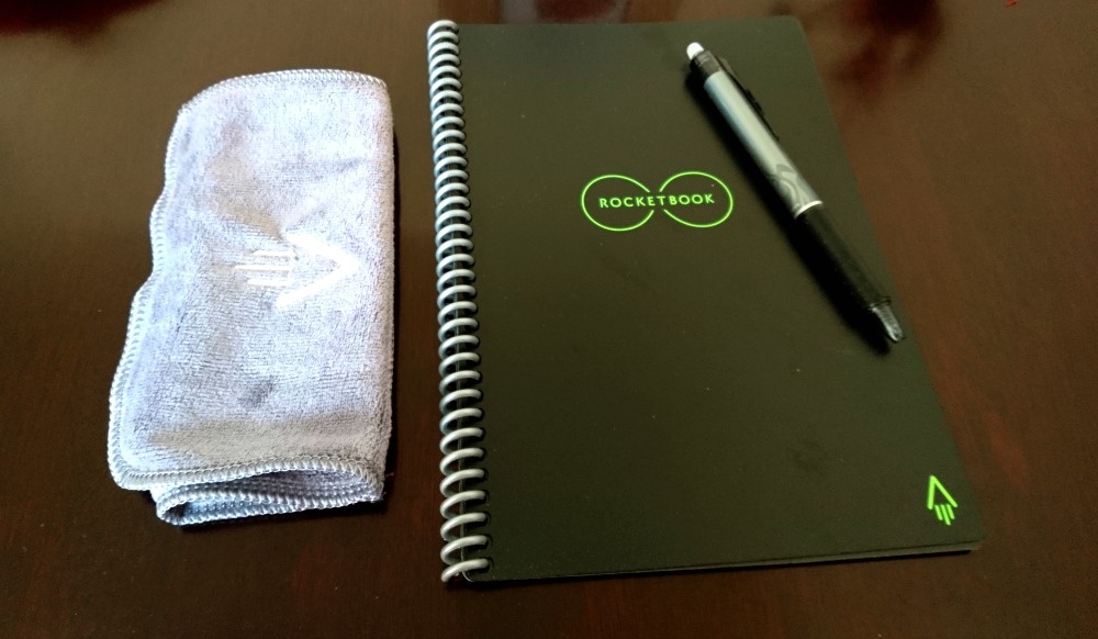 The Rocketbook with a Pilot Frixion Pen and microfibre cleaning cloth