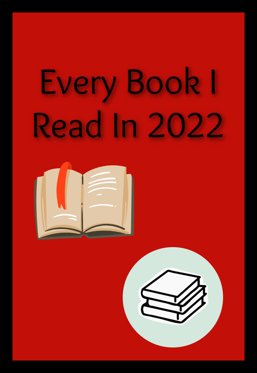 Featured image: Every book i read in 2022 in black text on a red background with images of an open book and a stack of books beneath it