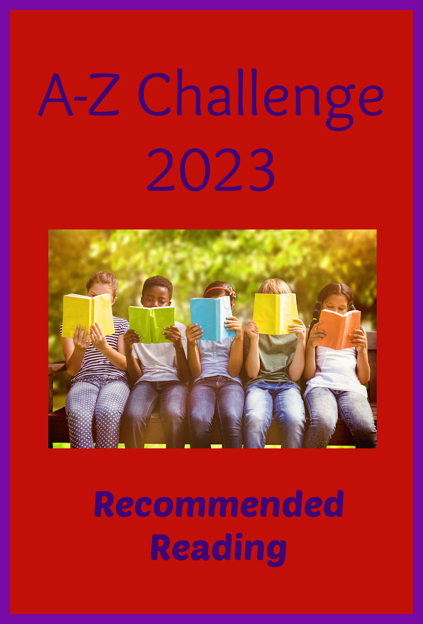Feature image showing a row of children sitting reading books. Text above the children says A_Z Challenge 2023 and more text below them says Recommended Reading.